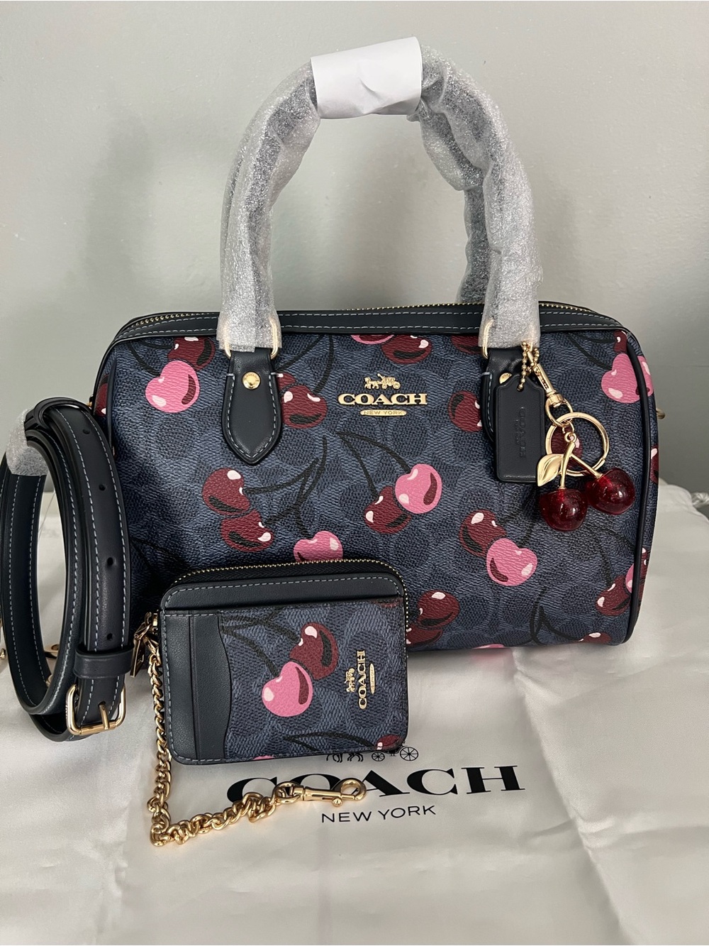 Rowan Satchel Bag Signature Canvas With Cherry 🍒Print Denim Multi Set